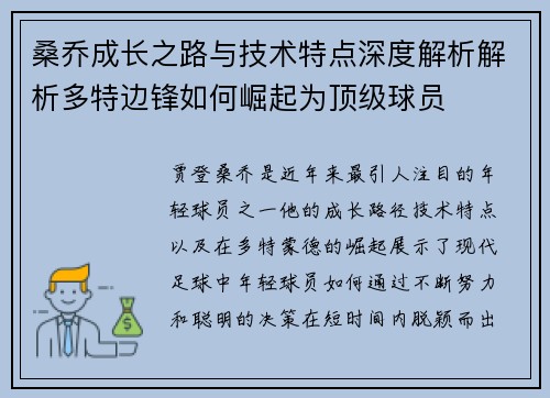 桑乔成长之路与技术特点深度解析解析多特边锋如何崛起为顶级球员